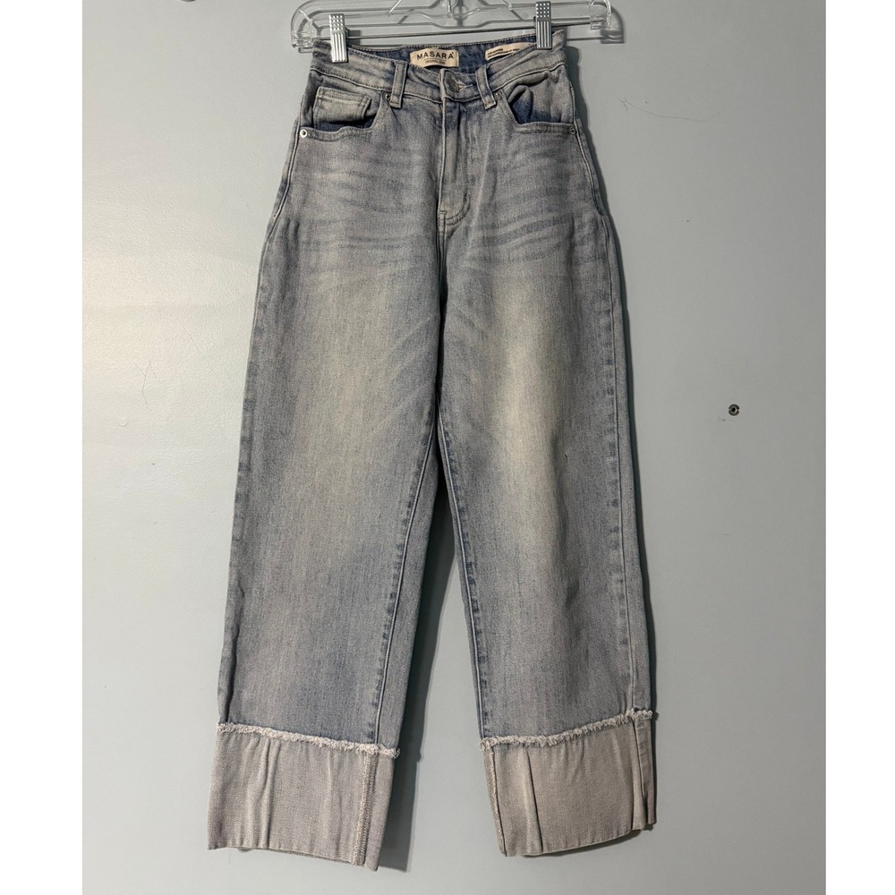 Masara Original Jean Size 26 Light Wash High Rise Wide Leg Cuffed Raw Hem 2417